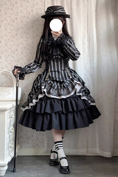 Black Stand Collar Long Sleeves Multi-layer Striped Print Ruffle Gothic Lolita Dress