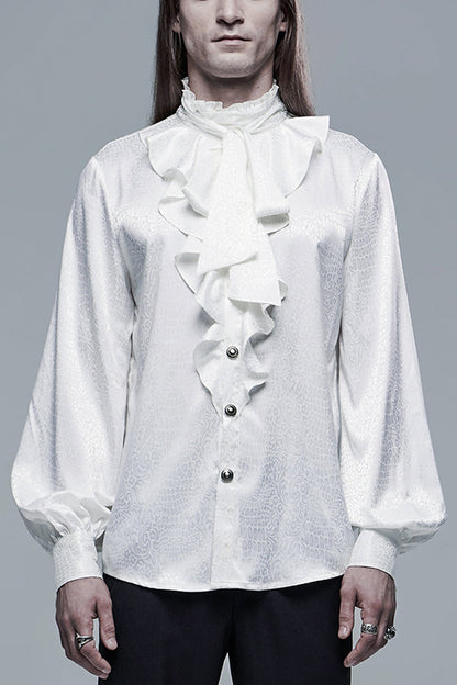 White Gothic Jacquard High Collar Front Chest Flounce Retro Metal Button Lantern Sleeve Men's Shirt