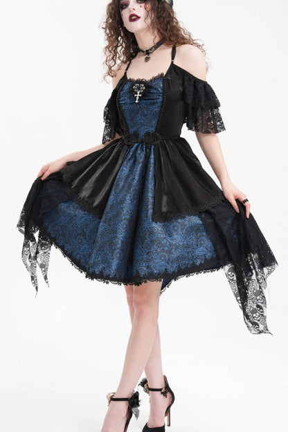 Blue Halterneck Lace Lace-Up Irregular Hem Women's Gothic Dress