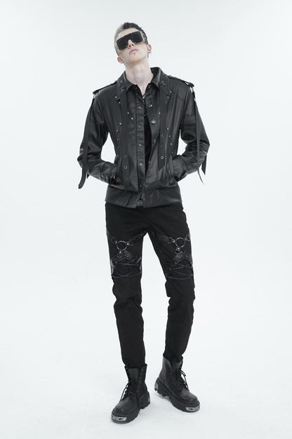 Black Thigh Position Buckle Splice Men's Punk Pants