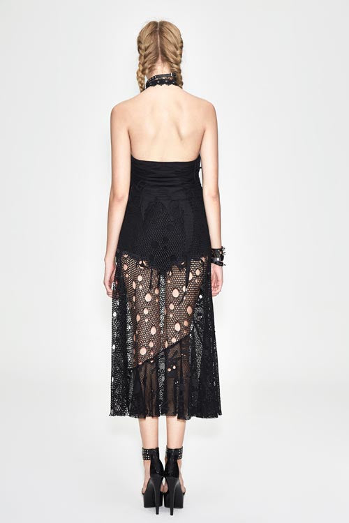Black Punk Broken Holes Mesh Peplum Sexy Halter Womens Dress