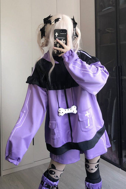 Purple Long Sleeves Cat Ears Hooded Jirai Kei Japanese Shorts Coat Set