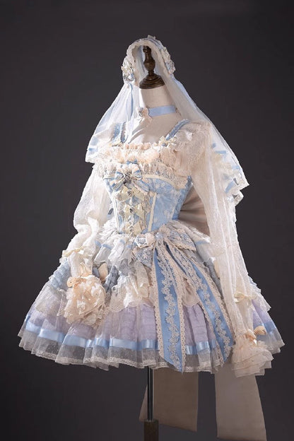 Blue [Moonstone] Sleeveless Ruffle Embroidery Bowknot Lace Fishbone Sweet Princess Lolita Dress