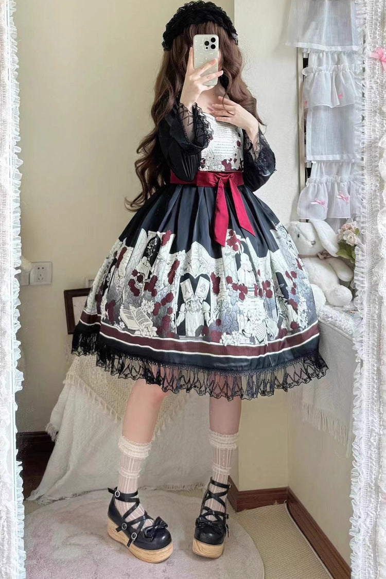 Black [Alice of the Asylum] Print Bowknot Lace Gothic Lolita Dress 2 Versions
