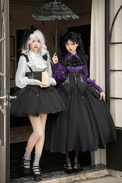Black [Night of Thorns] Sleeveless Embroidery Lace-Up Gothic Lolita Strap Breast Support Dress 2 Versions