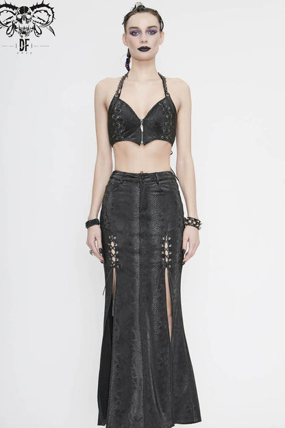 Black Snake Pattern Leather Wrapped Chest Chain Halter Back Lace Up Women's Punk Corset