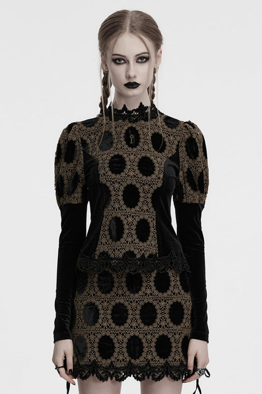 Coffee Long Puff Sleeves Print Embroidery Women's Gothic Blouse