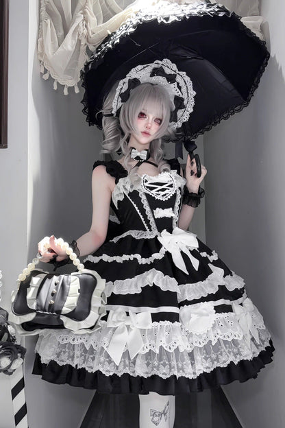 Black/White [Super Cute Belia] Sleeveless Triple-Layered Ruffle Bowknot Lace Gothic Elegant Lolita Jsk Dress