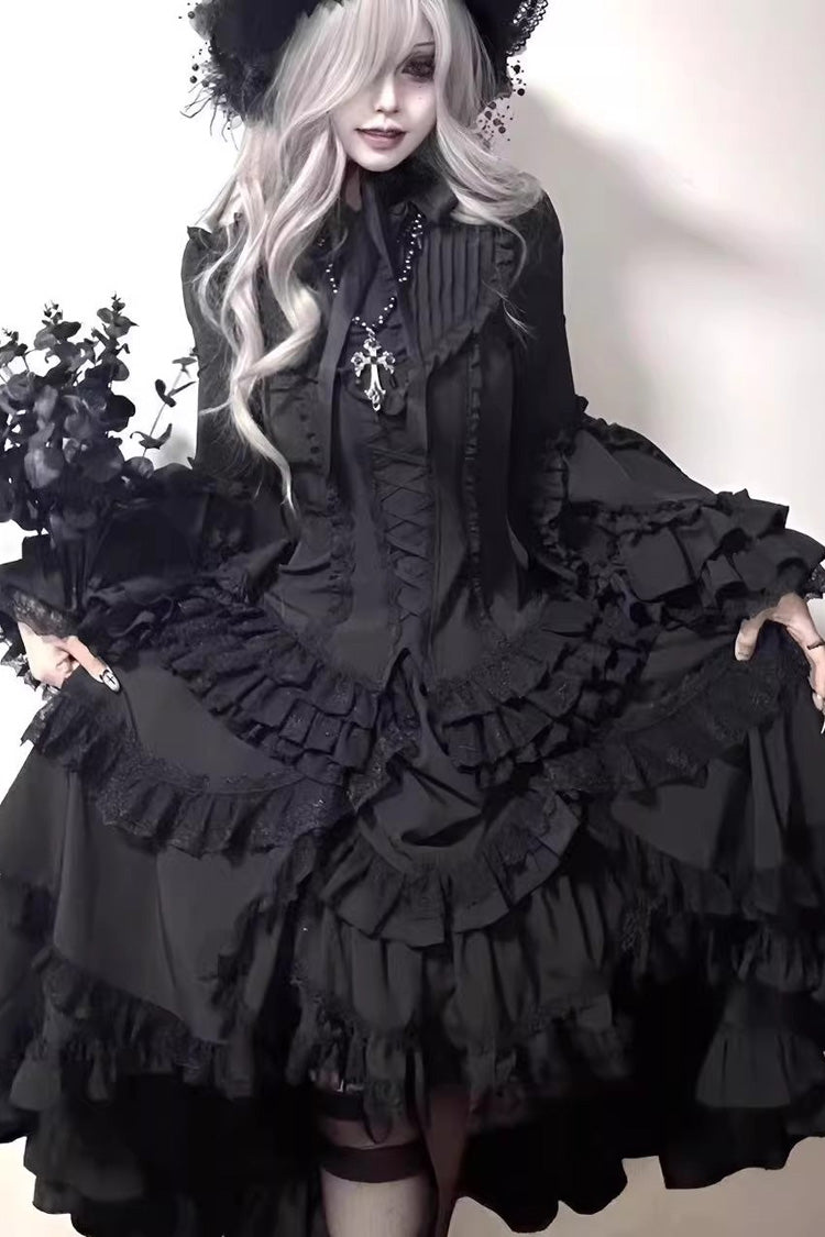 Black [Immortal Phoenix] Long Hime Sleeves Multi-Layered Ruffled Bow Lace-Up Gothic Lolita Skirt Dress Set