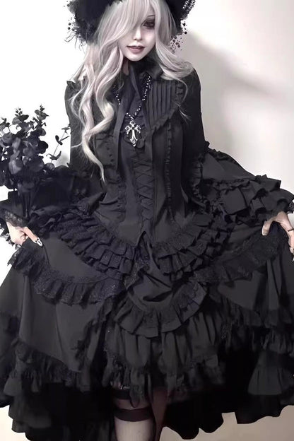 Black [Immortal Phoenix] Long Hime Sleeves Multi-Layered Ruffled Bow Lace-Up Gothic Lolita Skirt Dress Set