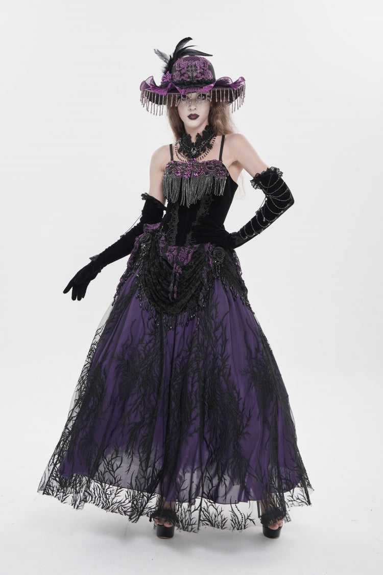 Black/Purple Lace-Up Women's Gothic Embroidered Tassels  Overbust Corset