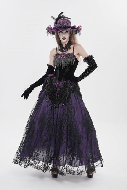 Black/Purple Lace-Up Women's Gothic Embroidered Tassels  Overbust Corset