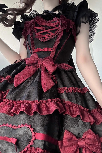Black/Red [Super Cute Belia] Sleeveless Triple-Layered Ruffle Bowknot Lace Gothic Elegant Lolita Jsk Dress