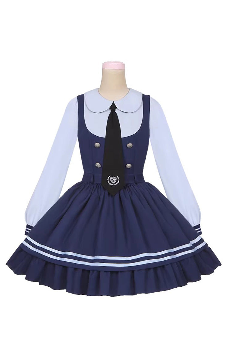Blue [Rabbit Officer] Long Sleeves Printed Ruffled Faux Two-Piece College Style Sweet Lolita Dress