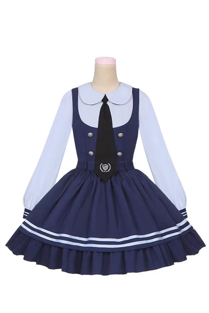 Blue [Rabbit Officer] Long Sleeves Printed Ruffled Faux Two-Piece College Style Sweet Lolita Dress