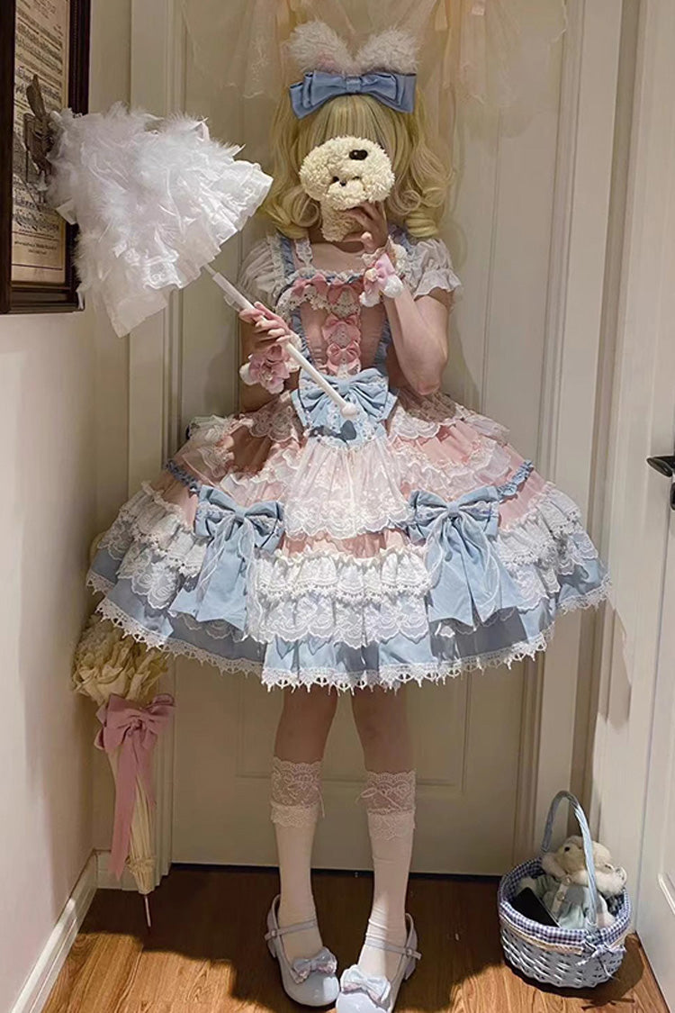 Blue Sleeveless Multi-Layered Ruffle Bowknot Lace Sweet Gorgeous Lolita Doll Jsk Dress
