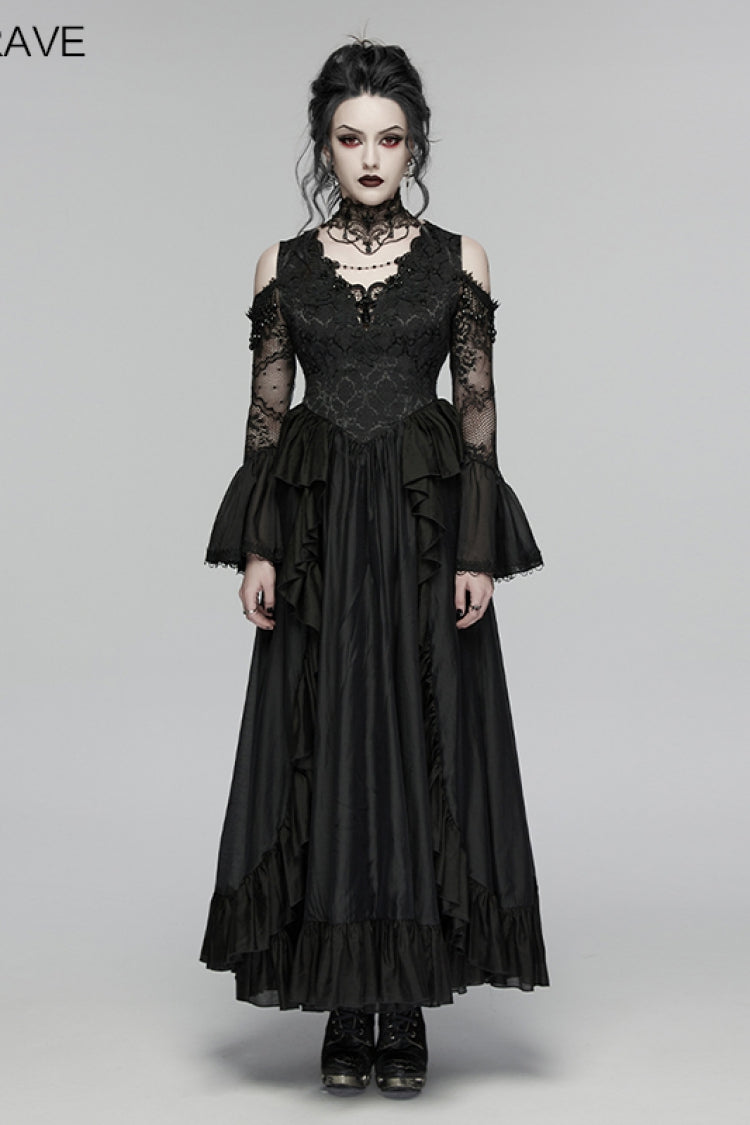 Black V Collar Long Trumpet Sleeves Double-Layered Hanayome Cut-Out Embroidered Lace Lace-Up Pearl-Decorated Pleated Women's Gothic Gorgeous Palace Dress