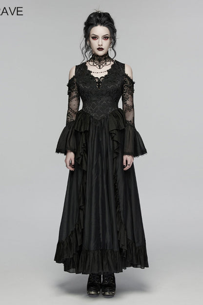 Black V Collar Long Trumpet Sleeves Double-Layered Hanayome Cut-Out Embroidered Lace Lace-Up Pearl-Decorated Pleated Women's Gothic Gorgeous Palace Dress