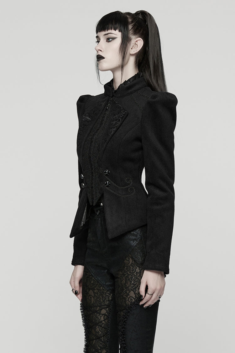 Black Stand Collar Long Sleeves Embroidered Lace-Up Zippered Women's Gothic Jacket