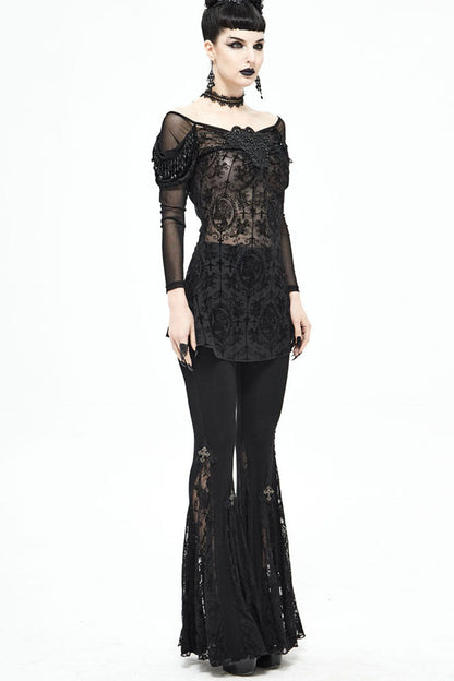lack Gothic Off-Shoulder Front Chest Decals Bead Sleeve Beaded Tassel Webbing Flocking Print Women's Shirt