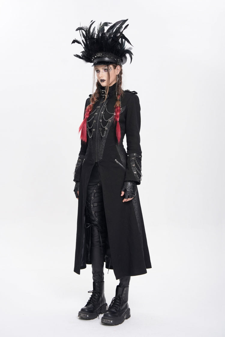 Black Stand Collar Long Sleeves Buckle Chain Women's Punk Jacket
