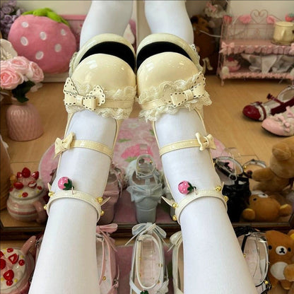 Round Toe Bow Lace Trim Mid Heel Lolita Mary Jane Shoes with Ankle Bells 6 Colors