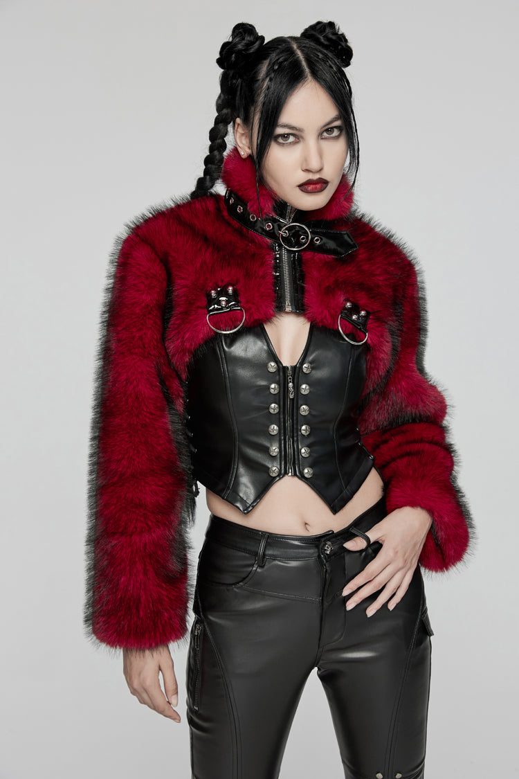 Red Stand Collar Long Sleeves Women's Punk Faux Fur Short Jacket