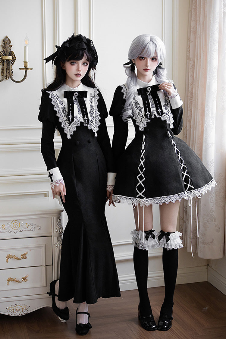 Black/White [Rose Doll] Square Collar Long Sleeves Bowknot Lace-Up Gothic Lolita Dress Set 2 Versions