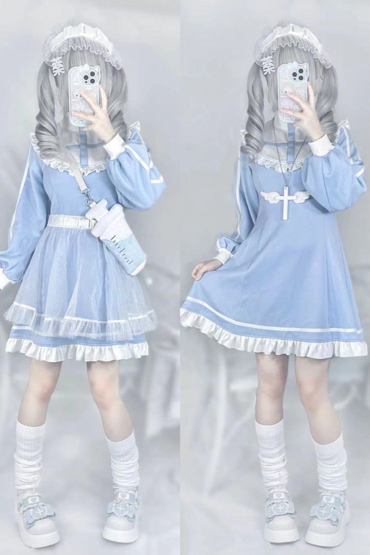 Blue Cross Angel Long Sleeves Ruffle Sweet Jirai Kei Japanese Dress