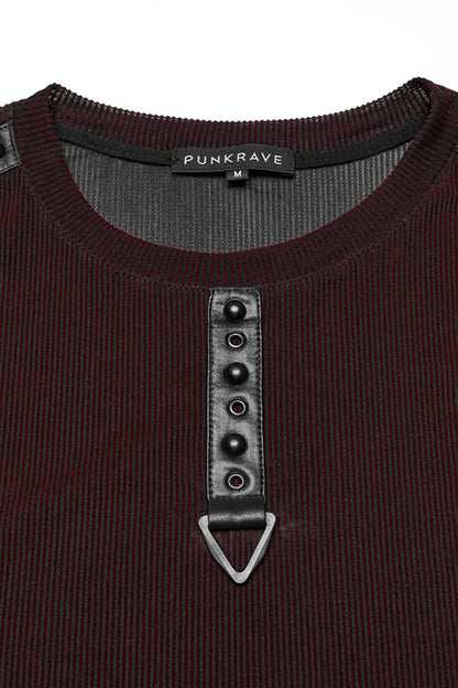 Black/Red Round Collar Sheer Mesh Color Matching Rivet Men's Punk Vest