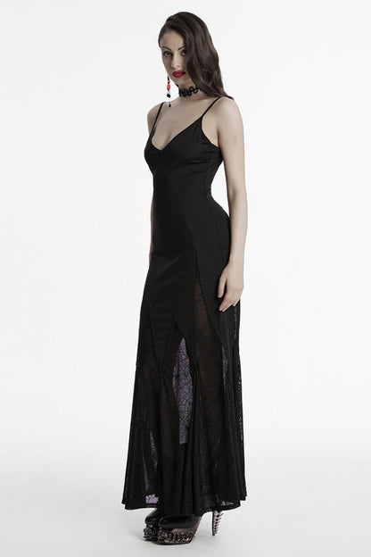 Black Sleeveless Plunging Sipder Stitching Mesh Women's Gothic Party Dress