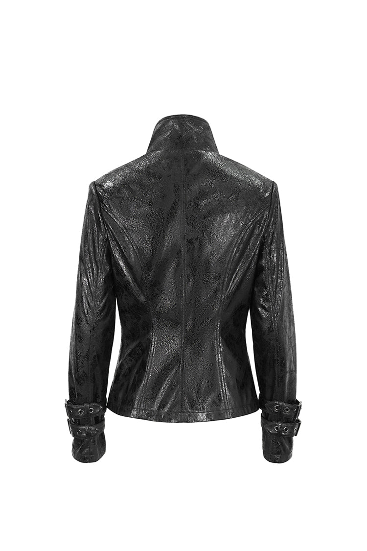 Black Stand Collar Crackled Buckle Women's Punk Jacket