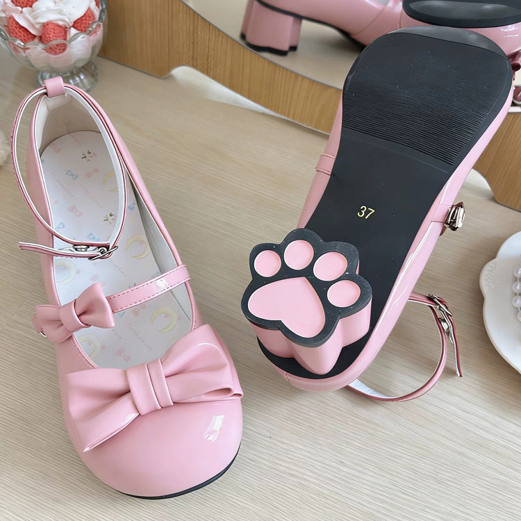 Round Toe Bow Mid Heel Lolita Mary Jane Shoes with Cat Paw Heels 7 Colors