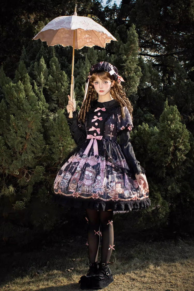 Black [The Case of the Missing Lamb] Print Long Sleeves Ruffle Bowknot Lace Gothic Lolita Dress