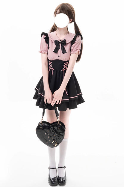 Black/Pink First Sakura Short Sleeves Multi-layer Lace-Up Sweet Jirai Kei Japanese Set
