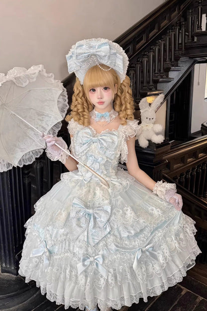 Blue [Sakura Dream Romance] Sleeveless Multi-Layered Ruffled Hanayome Bow Lace Sweet Princess Lolita Jsk Dress