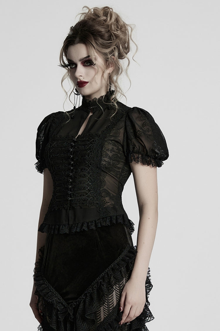 Black Stand Collar Long Puff Sleeves Jacquard Lace Women's Gothic Blouse