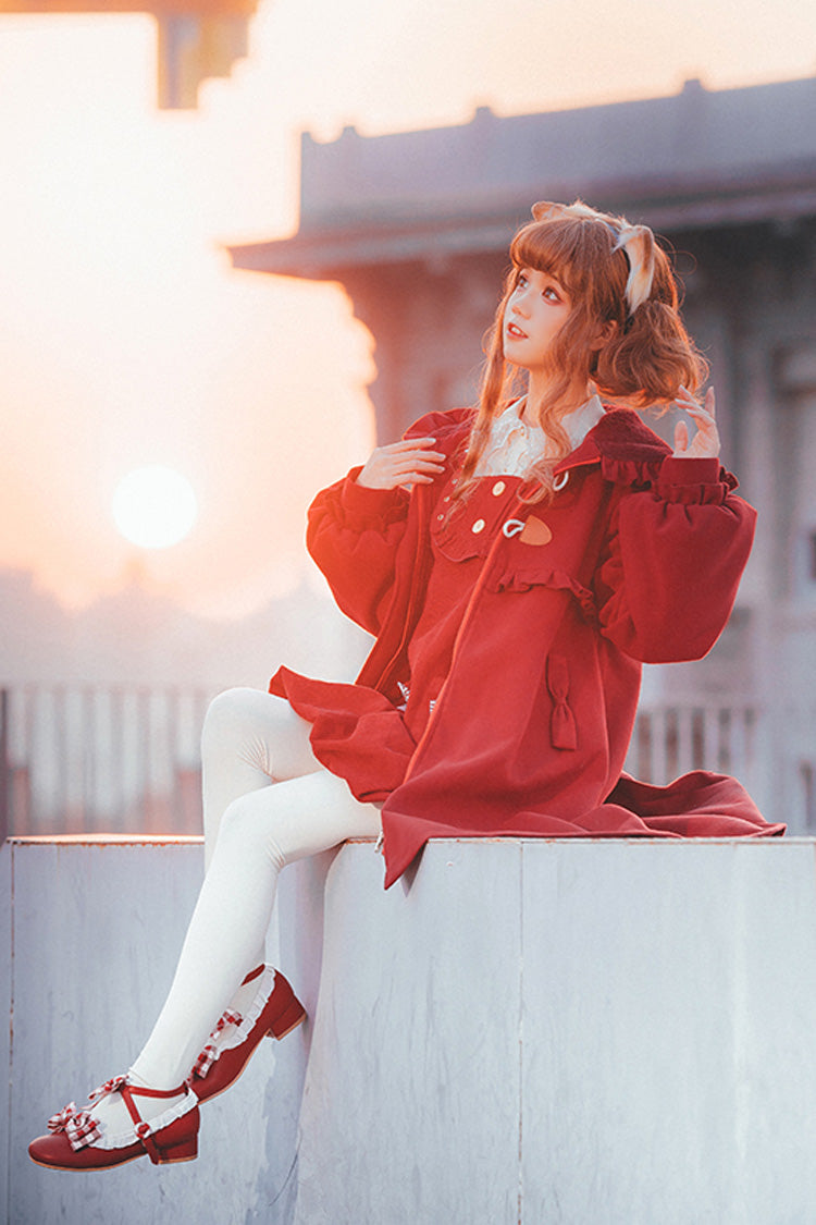 Red Cat Tail Long Sleeves Ruffle Bowknot Hooded Sweet Lolita Coat