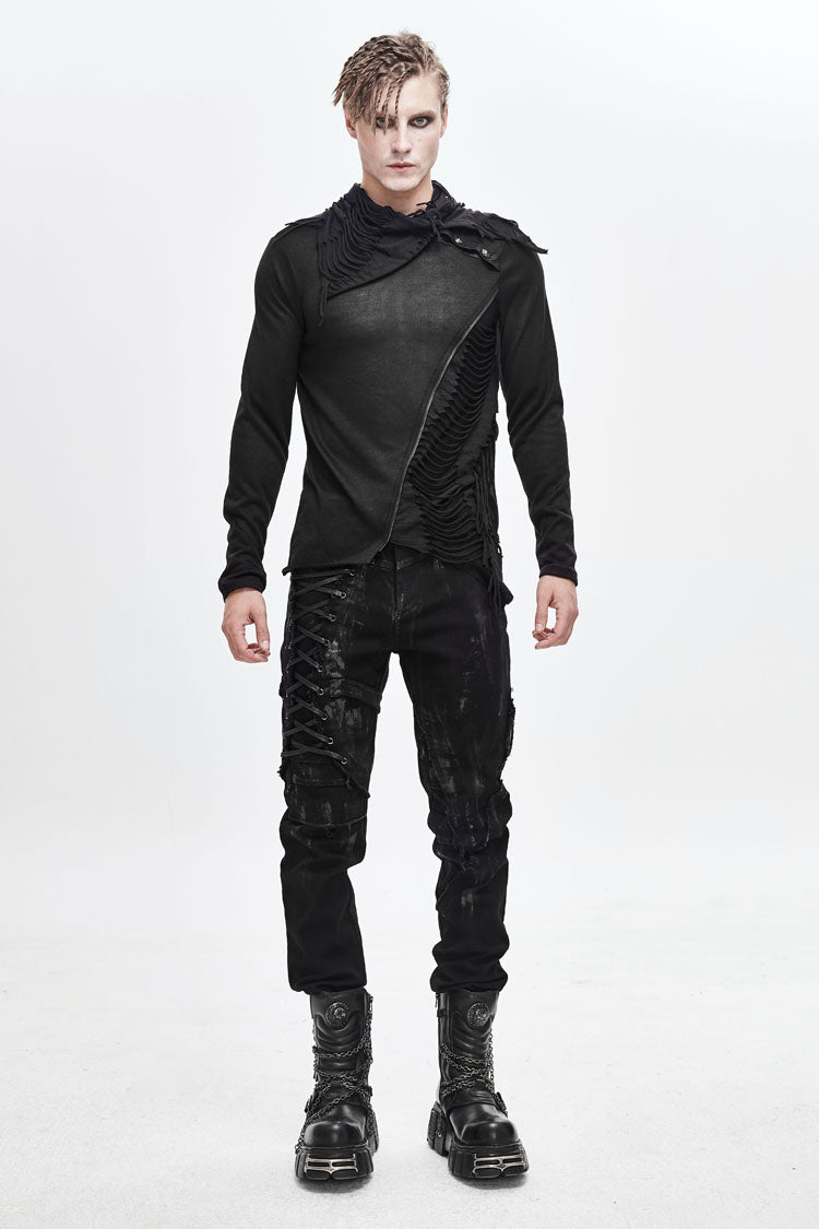 Black Ragged Turn-Down Collar Woolen Long Sleeve Irregular Hem Men's Punk T-Shirt