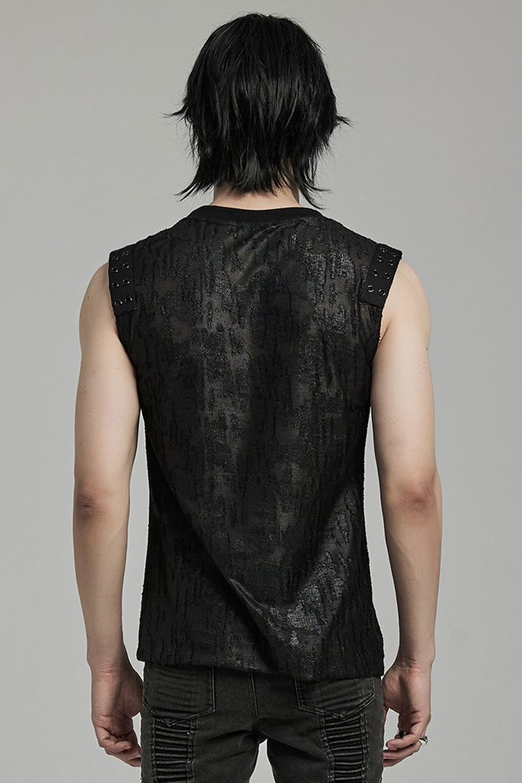 Black Round Collar Sleeveless Print Ripped Distressed Eyelet Men's Gothic Tank Top