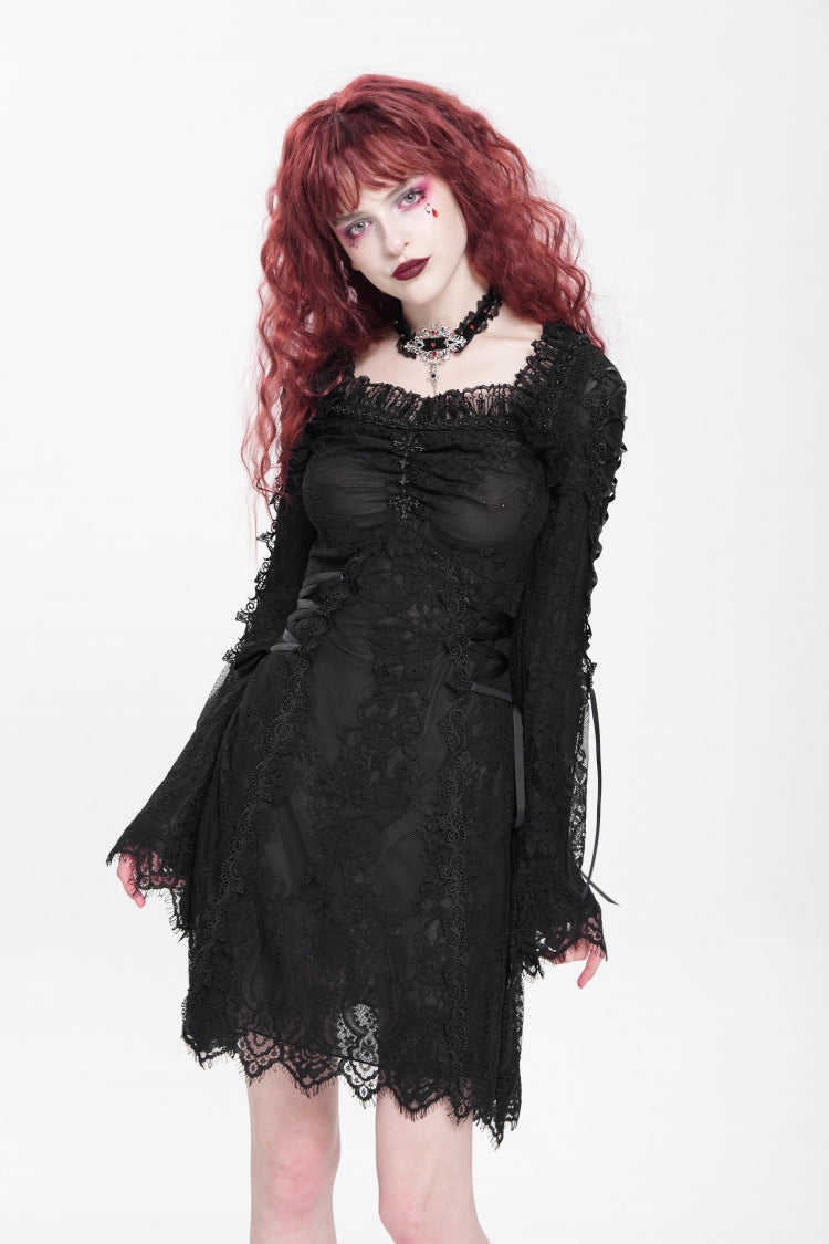Black Square Collar Long Trumpet Sleeves Embroidered Lace-Up Women's Gothic Dress