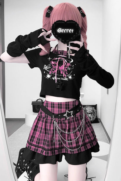 Black/Pink [Butterfly Chapter] Short Sleeves Print Gothic Jirai Kei Skirt Set