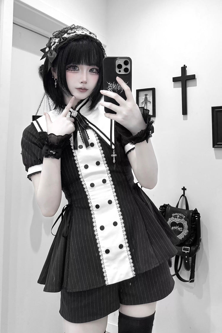 Black/White [Offbeat Confession] Long Short Sleeves Printed Ruffled Bow Gothic Jirai Kei Japanese Dress and Shorts Set