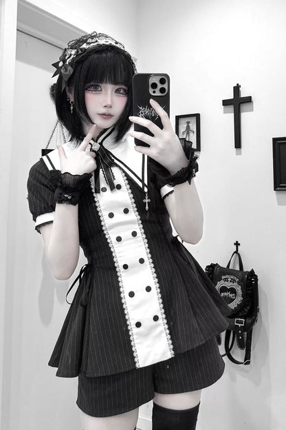 Black/White [Offbeat Confession] Long Short Sleeves Printed Ruffled Bow Gothic Jirai Kei Japanese Dress and Shorts Set