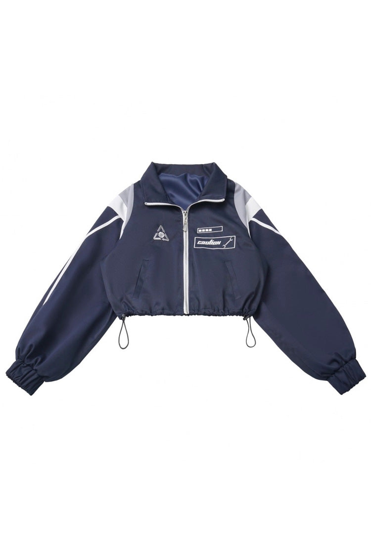 Blue/White [Message Overload] Techwear Long Sleeves Embroidered Asymmetric Zippered Jirai Kei Dress Short Coat Set