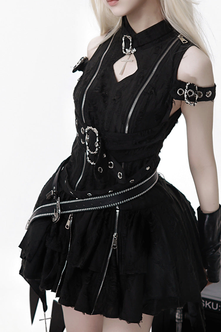 Black [Hunter] Stand Collar Off Shoulder Ruffle Embroidery Zipper Gothic Lolita Dress