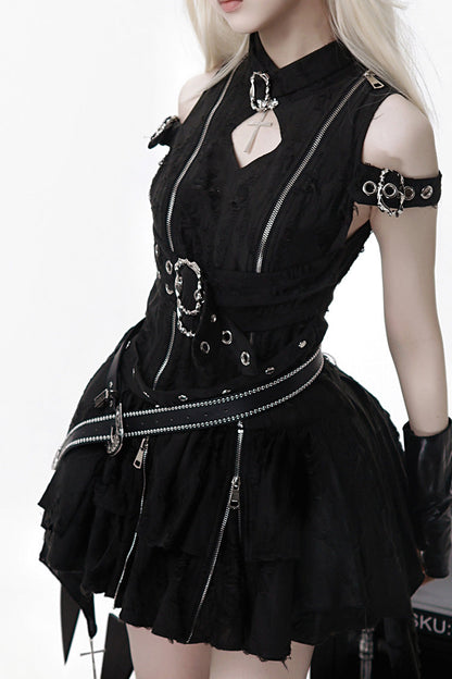 Black [Hunter] Stand Collar Off Shoulder Ruffle Embroidery Zipper Gothic Lolita Dress