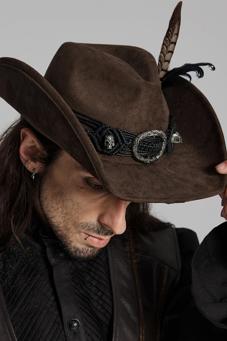 Brown Tassels Feather Skull Men's Punk Hat