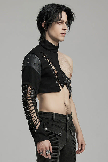 Black Stand Collar Asymmetric Rivet Buckle Men's Punk Faux Leather Harness