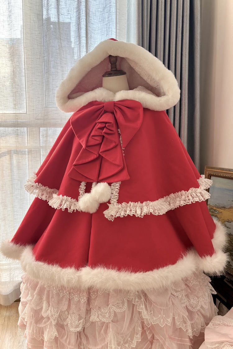[Velvet Butterfly] Ruffle Bowknot Lace Hooded Sweet Lolita Dress Cloak Coat 4 Colors